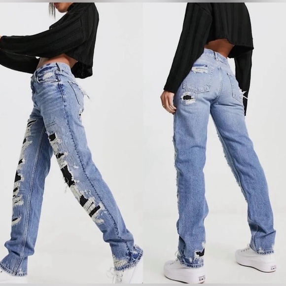 Free People McCoy Destroyed Straight Leg Patched Jeans - Picture 2 of 5